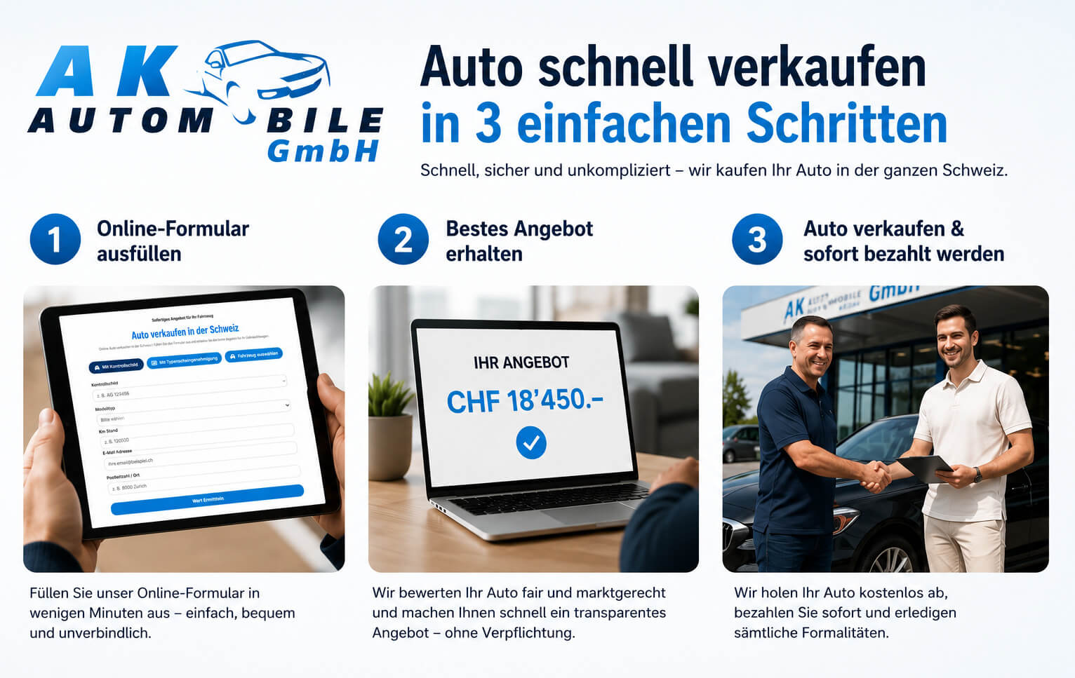 Auto schnell verkaufen in 3 Schritten mit AK Automobile: Online-Formular ausfüllen, bestes Angebot erhalten, Auto verkaufen und sofort bezahlt werden