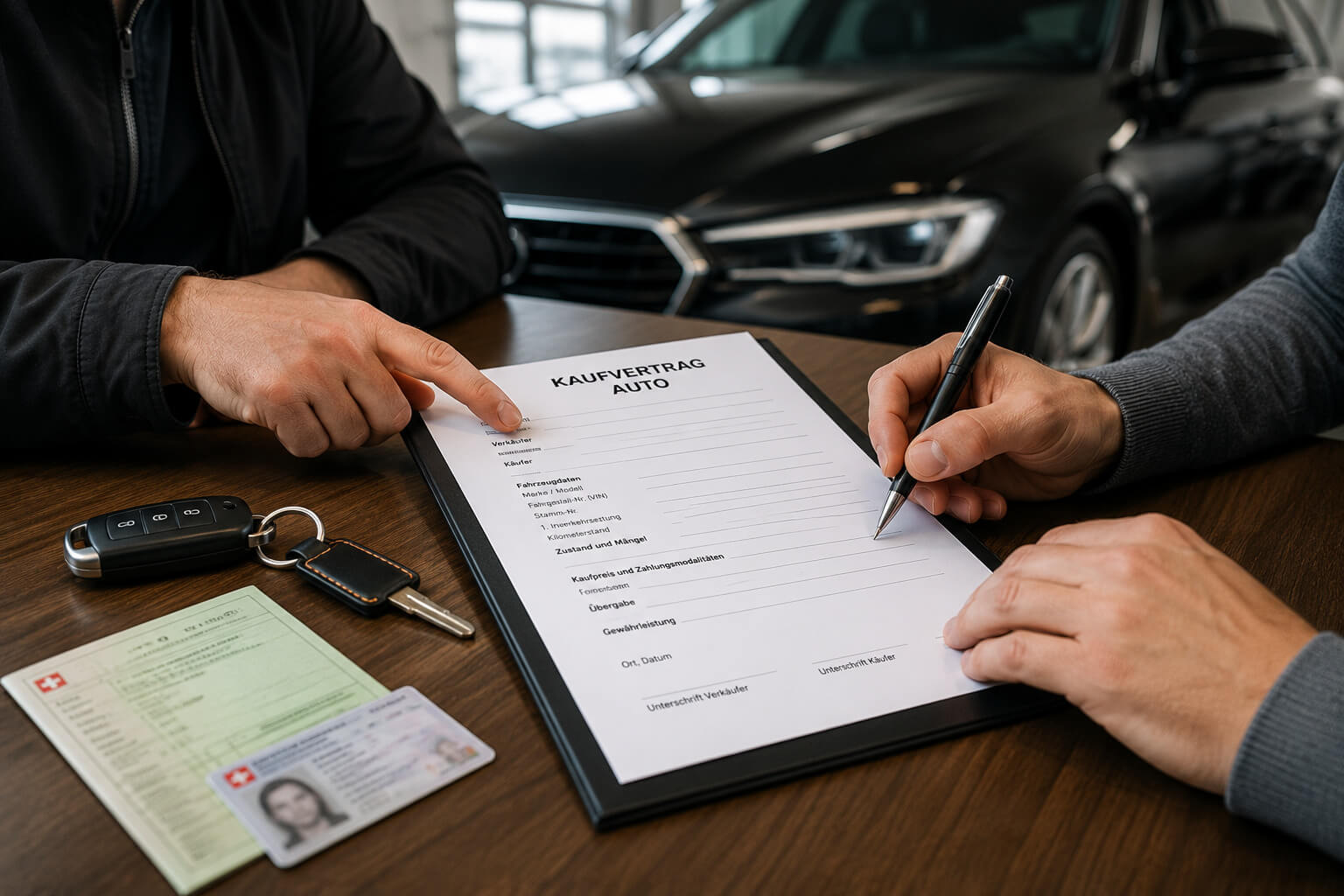 Kaufvertrag Auto Schweiz ausfüllen: Formular mit Verkäufer, Käufer, Fahrzeugdaten und Kaufpreis sowie Fahrzeugausweis und Schlüssel