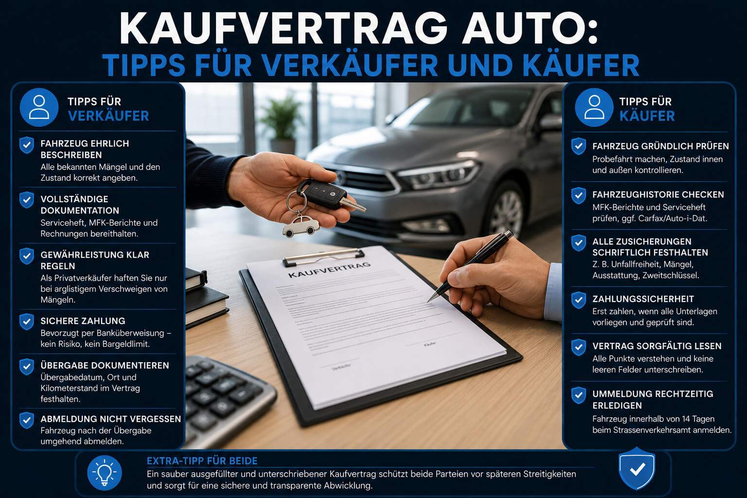 Kaufvertrag Auto Schweiz: Tipps für Verkäufer und Käufer – Fahrzeug ehrlich beschreiben, Gewährleistung regeln, sichere Zahlung und rechtzeitige Ummeldung
